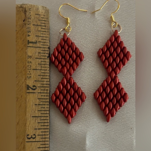 Hand crafted earrings red SuperDuo beads 14k gold filled earwires 2 1/2 in. - Picture 3 of 4